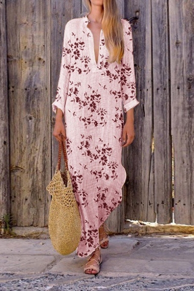 Women's Hot Fashion V- Neck 3/4 Sleeve Floral Printed Maxi Shift Dress