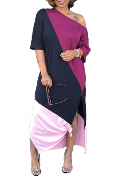 Women's One Shoulder Short Sleeve Colorblock Printed Split Side Casual Maxi Shift Pink Cotton Dress