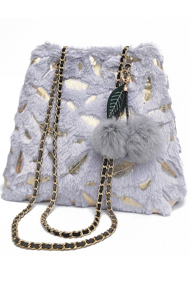 Women's New Fashion Feather Pattern Plush Ball Embellishment Shoulder Tote Bag 29*16*29 CM