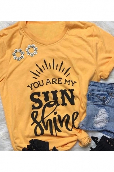Women's New Trendy Round Neck Short Sleeve Letter YOU ARE MY SUN SHINE Print Yellow T-Shirt
