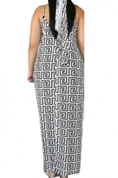 Women's New Trendy Spaghetti Straps Sleeveless Geometric Printed Plus Size Maxi Slip White Dress