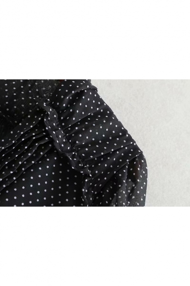 Women's New Trendy V-Neck Long Sleeve Polka Dot Midi Black A-Line Dress