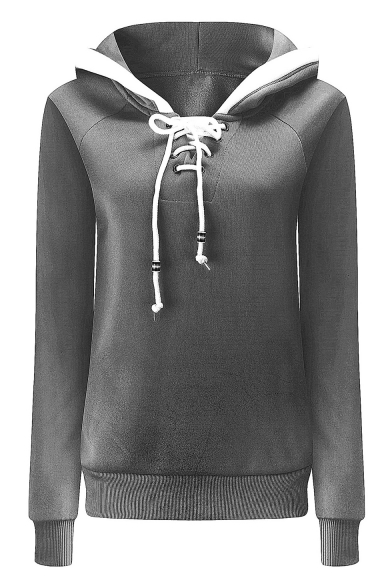 Womens Fashion Simple Plain Long Sleeve Lace-Up Collar Fitted Hoodie