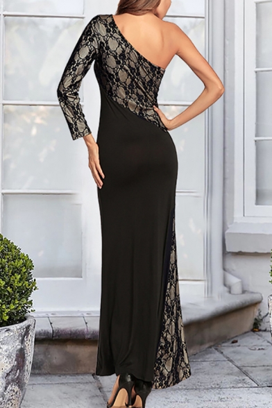 Womens Sexy One Shoulder Long Sleeve Chic Lace Panel Split Side Maxi Bodycon Party Dress