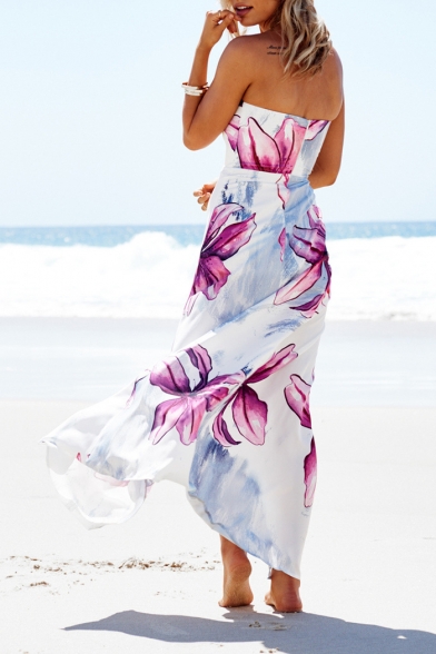 Womens Summer Trend Floral Striped Pattern V-Neck Strapless Split Front Maxi Beach Dress