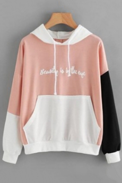 

Beauty Is in the Eye Letter Print Color Block Long Sleeve Loose Leisure Hoodie, Burgundy;pink;gray;yellow, LM537985