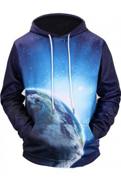 Blue Earth Galaxy 3D Printing Long Sleeve Pullover Drawstring Hoodie
