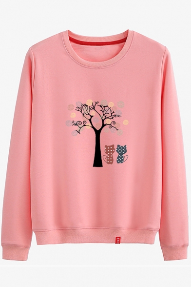 Cartoon Cats Tree Floral Print Round Neck Long Sleeve Sweatshirt