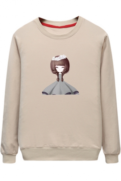 

Cartoon Girl Printed Round Neck Long Sleeve Pullover Sweatshirt, LM530532, Black;blue;pink;red;white;gray;khaki