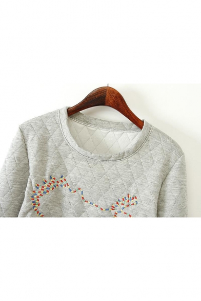 Chic Simple Embroidery Round Neck Long Sleeve Lattice Texture Grey Sweatshirt