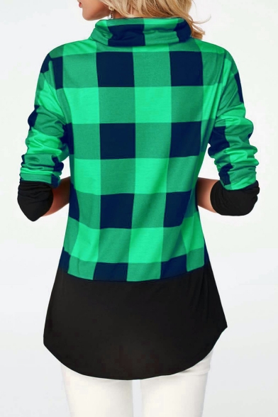 Classic Colorblock Plaid Pattern Drawstring Cowl Neck Long Sleeve Sweatshirt