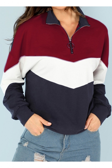 Colorblock Zip Front Stand Collar Long Sleeve Sweatshirt