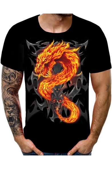 Cool Fire Dragon Skull Pattern Mens Round Neck Short Sleeve Black T-Shirt