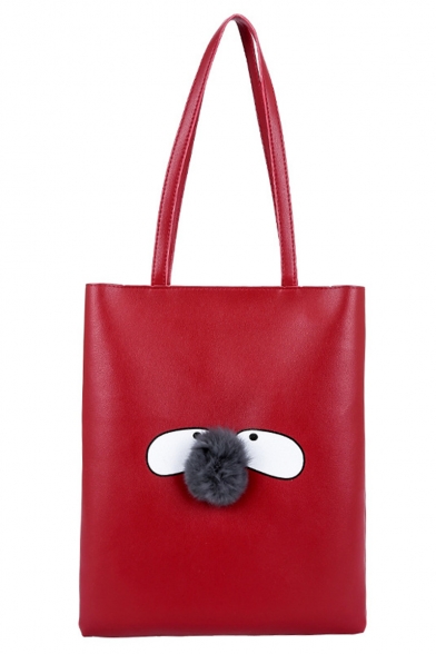 Cute Cartoon Pattern Plush Ball Embellishment PU Leather School Shoulder Bag 29*36*2 CM