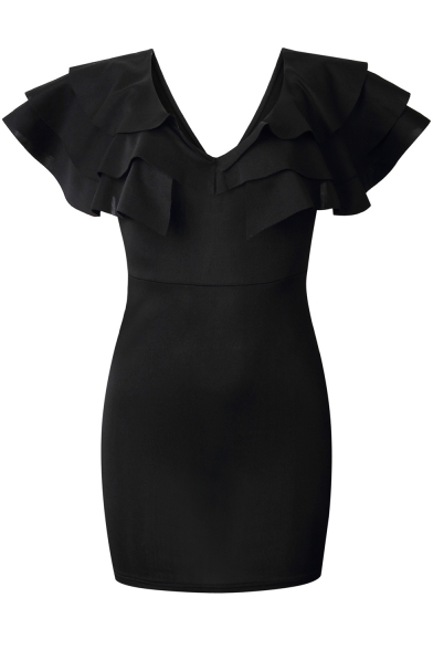 Fashion Black Flutter Sleeve V Neck Solid Color Mini Pencil Dress