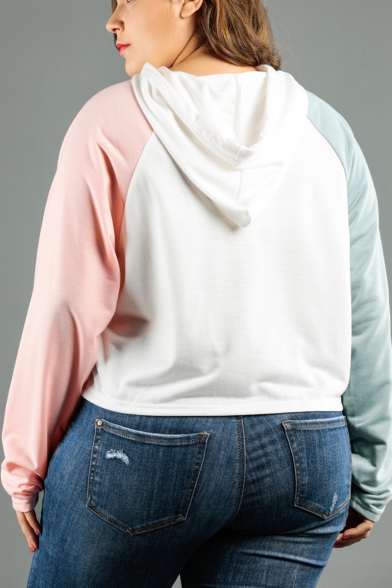 Fashion Colorblock Long Sleeve Drawstring Hood White Loose Fit Cropped Hoodie for Women