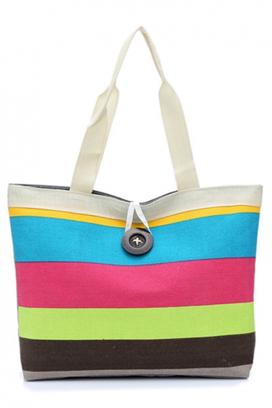 Fashion Colorblock Stripe Pattern Button Embellishment Colored Canvas Tote Shopper Bag with Zipper