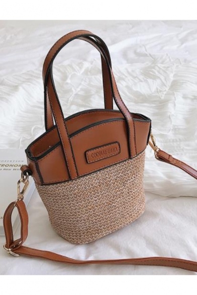 Fashion Plain Straw Beach Bag Crossbody Bucket Bag for Women 20*20*16 CM