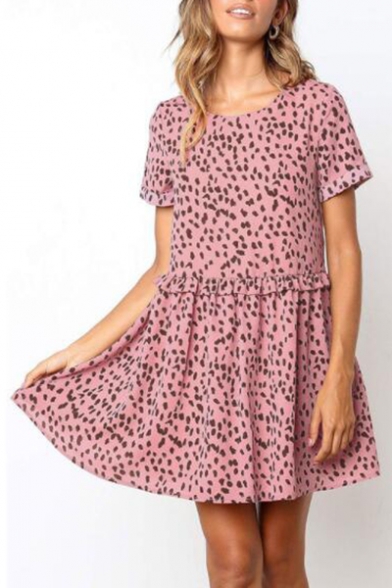 Fashion Polka Dot Printed Round Neck Short Sleeve Ruffled Hem Mini Smock Dress