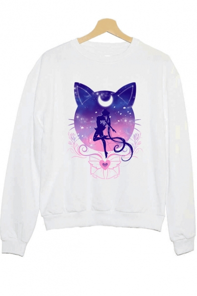 Funny Sailor Moon Galaxy Cat Printed Crewneck Long Sleeve Casual Loose White Sweatshirt