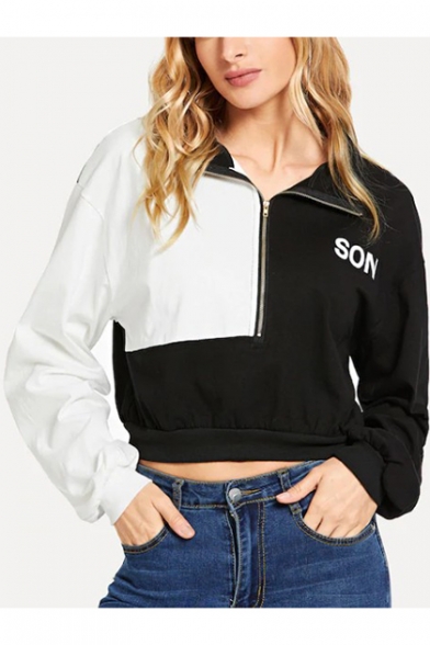 Girls Cool Simple Letter SON Pattern Half-Zip Lapel Collar Long Sleeve Black and White Cropped Sweatshirt