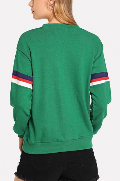 Green Stripe Patched Long Sleeve Round Neck Sweatshirt