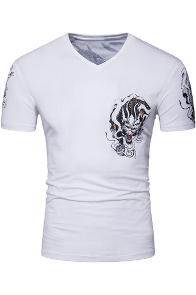 Guys Fashion Tiger Printed Short Sleeve V-Neck Slim Fit White T-Shirt