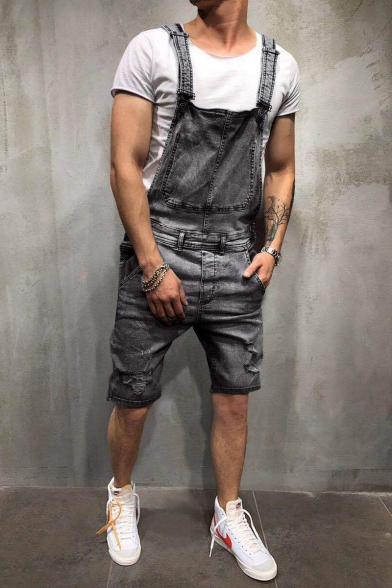 Guys New Stylish Simple Plain Distressed Ripped Denim Rompers Overalls