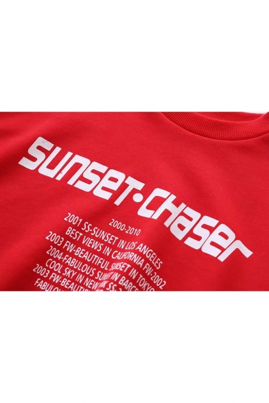 Hip Hop SUNSET CHASER Letter Print Round Neck Long Sleeve Cotton Cropped Sweatshirt