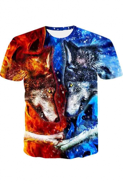 Hot Fashion 3D Red and Blue Wolf Print Short Sleeve Round Neck Casual T-Shirt For Men