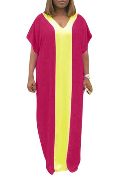 Hot Fashion V-Neck Short Sleeve Colorblock Printed Loose Maxi Oversize Rose Red Dress
