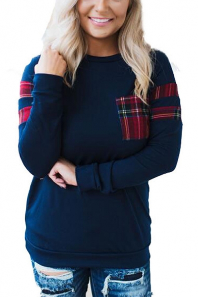 Hot Popular Plaid Patched Round Neck Long Sleeve Dark Blue Casual Tee