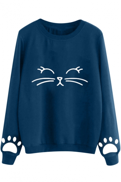 Lovely Cute Cartoon Cat Pattern Basic Round Neck Long Sleeve Loose Fit Sweatshirt
