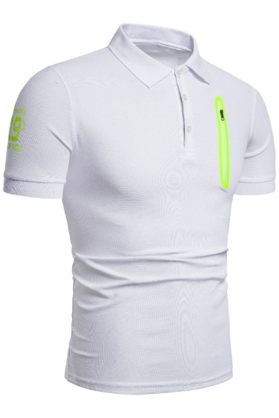 Men's Simple Plain Fashion Zip Pocket Patched Short Sleeve Polo Shirt