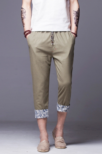 Men's Summer Basic Drawstring Waist Chic Floral Patched Cuff Slim Fit Cotton Cropped Tapered Pants