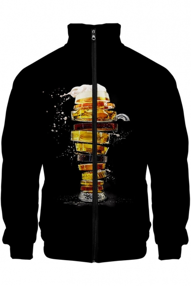 Mens Cool Unique 3D Beer Printed Stand Collar Long Sleeve Black Zip Jacket