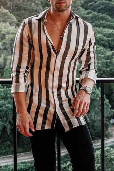 Mens New Stylish Vertical Stripe Printed Long Sleeve Casual Loose Button Shirt
