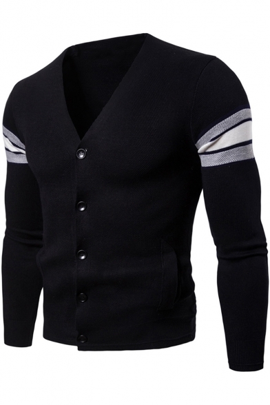 Mens Simple Stripe Long Sleeve V-Neck Button Down Slim Fitted Cardigan Knitwear