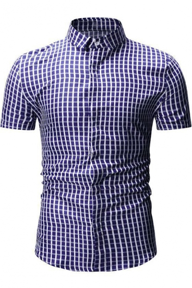 Mens Summer Trendy Plaid Printed Concealed Button Front Slim Fitted Short Sleeve Shirt