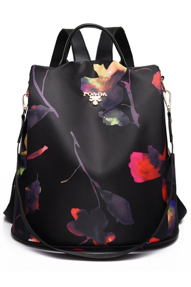 New Fashion Floral Pattern Black Waterproof Oxford Cloth Multifunction Leisure Travel Backpack for Girls 32*32*15 CM