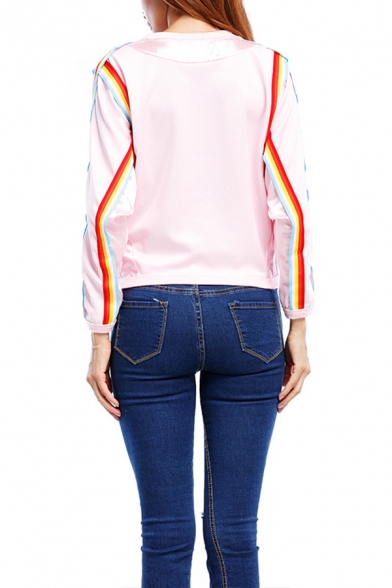 New Stylish Rainbow Striped Round Neck Long Sleeve Relaxed Fit Pullover Sweatshirt