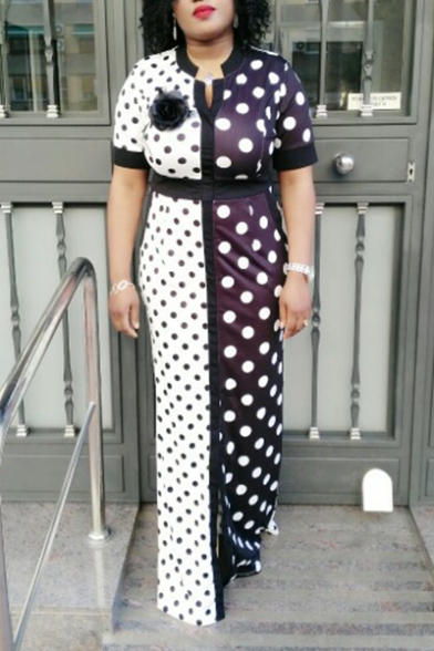 New Stylish Two-Tone Colorblocked Polka Dot Pattern Short Sleeve V-Neck Maxi Sheath Dress