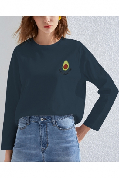 New Stylish Women's Avocado Letter Printed Round Neck Long Sleeve Casual Graphic Tee