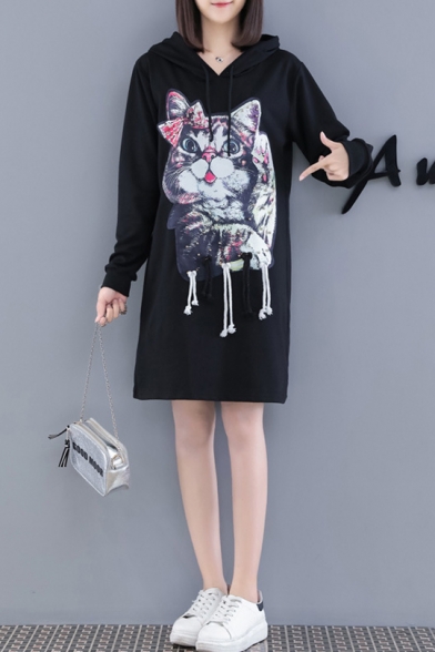 New Stylish Women's Cat Print Drawstring Hood Long Sleeve Loose Fit Black Longline Hoodie