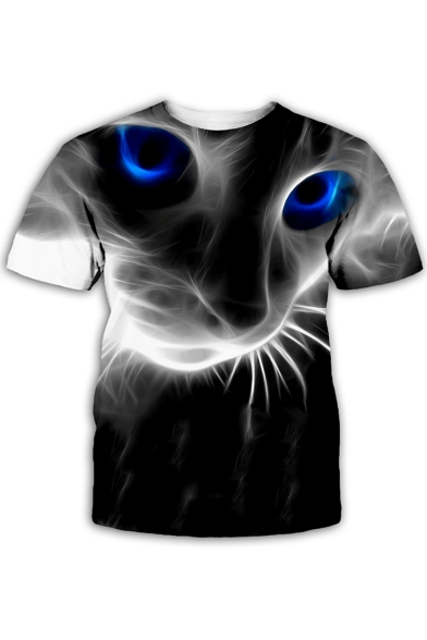 New Trendy Unique Cool 3D Cat Printed Basic Short Sleeve Round Neck Grey T-Shirt