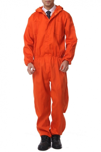 Orange Solid Color Hooded Long Sleeve Elastic Waist Zipper Front Workwear Mechanic Coveralls