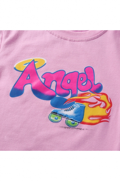 Pink ANGEL Letter Skate Printed Round Neck Short Sleeve Crop Tee