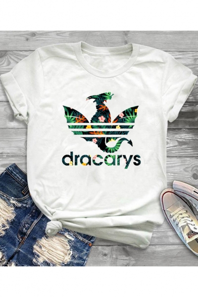 Popular Leaf Dragon DRACARYS Printed Basic Round Neck Short Sleeve White T-Shirt