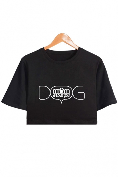 Popular Letter DOG MOM Print Round Neck Short Sleeve Casual Crop Tee
