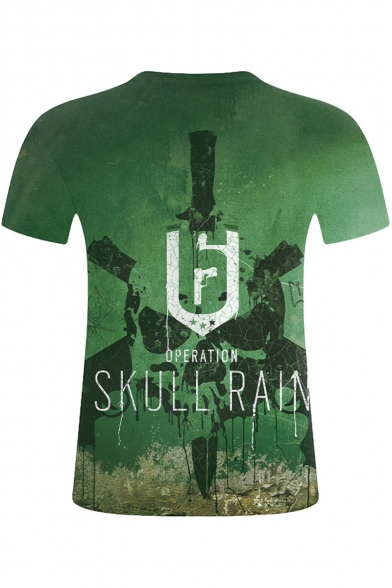 Popular Letter SKULL RAIN Skull Printed Round Neck Short Sleeve Green T-Shirt